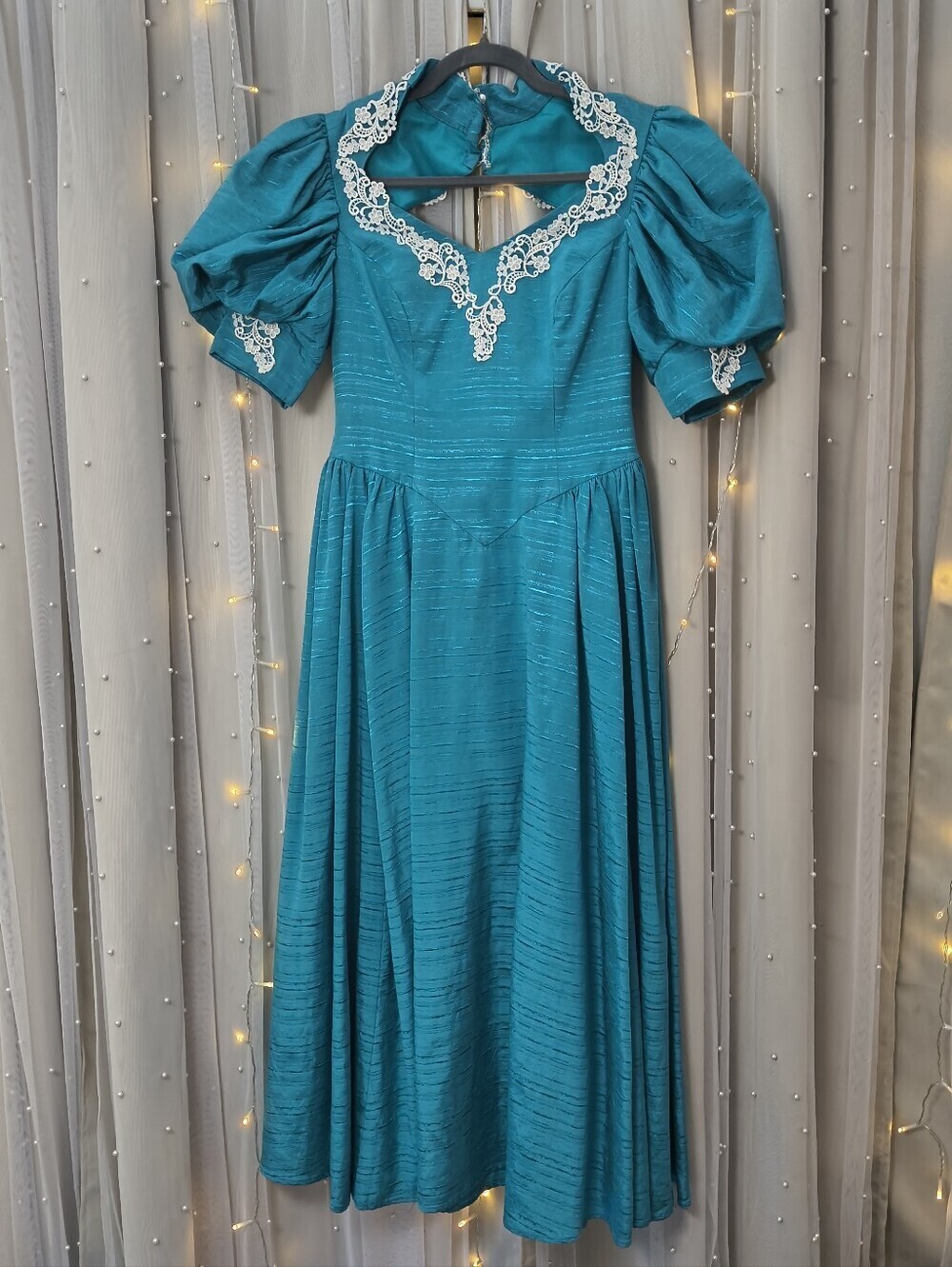 Handmade Vintage Mariachi Teal Lace Puff Sleeve Prairie Dress Small